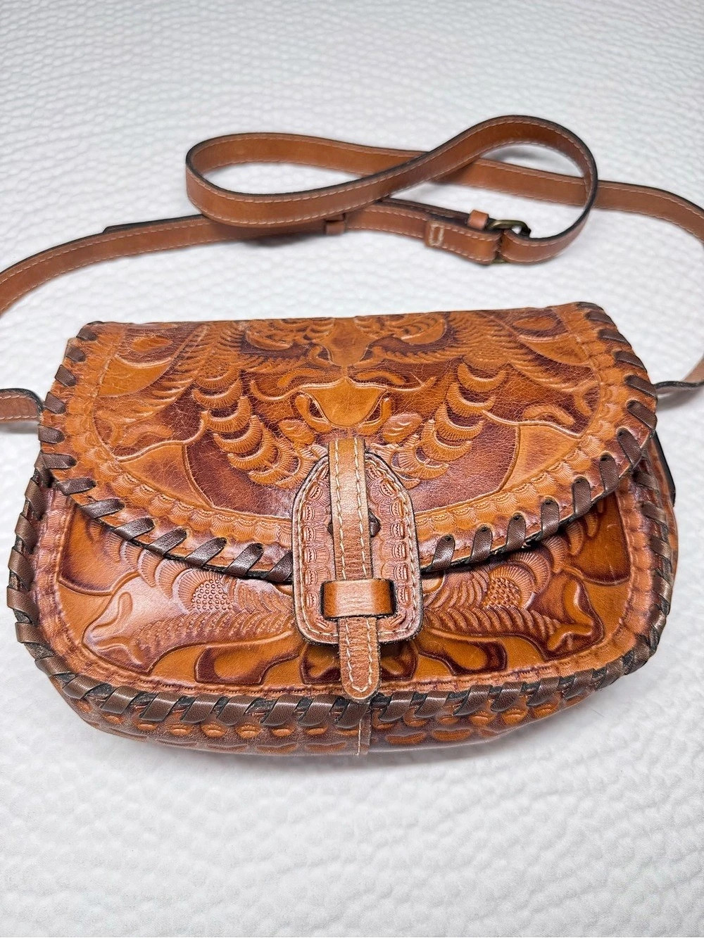 Patricia Nash Tooled Leather Crossbody Saddle Bag Cognac Brown Western Boho